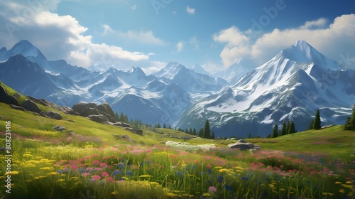 Panoramic view of the mountains with flowers and meadow.