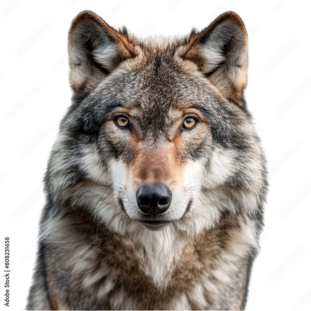 Portrait of a gray wolf face on isolated transparent background (94).png