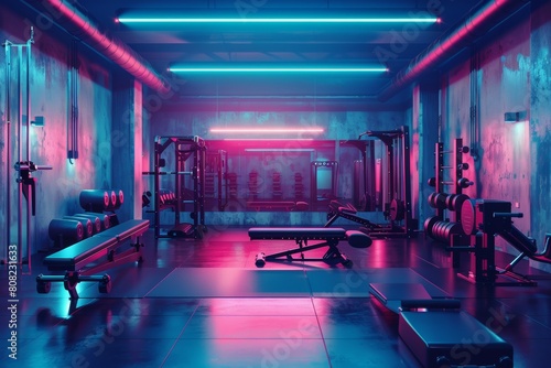 Futuristic gym with advanced equipment under vibrant neon lights, modern and high-tech fitness environment