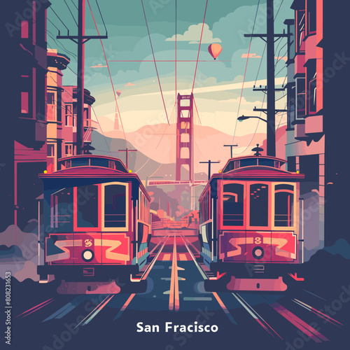 Vector illustration of a San Francisco city street with tram and cable car. Public transport.