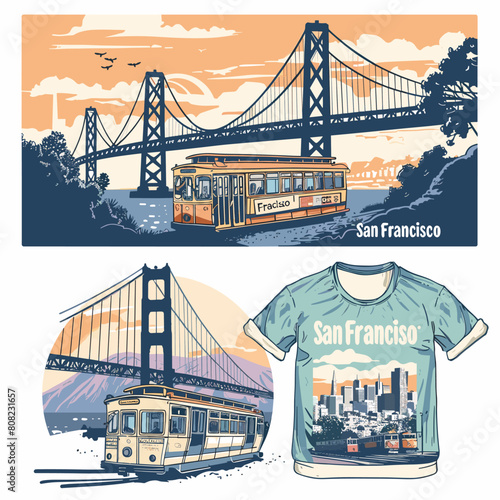 T-shirt print design with San Francisco, Oakland Bridge and Trolleybus. Vector illustration