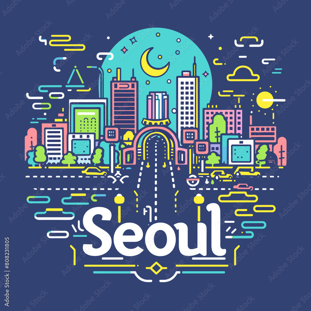Vector illustration of Seoul city in linear style on dark blue background. Vector illustration of Seoul city in linear style on dark blue background.