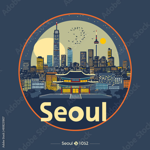 Seoul skyline, South Korea. Vector illustration in flat style.