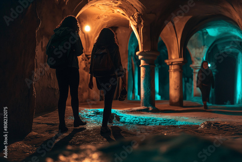 Historical exploration of ancient catacombs by a group of friends photo