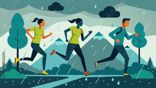 Rain pours down as a group of runners navigate slick muddy trails their determination pushing them forward despite the slippery conditions.. Vector illustration