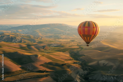 couple's leisurely hot air balloon flight with stunning mountain backdrop