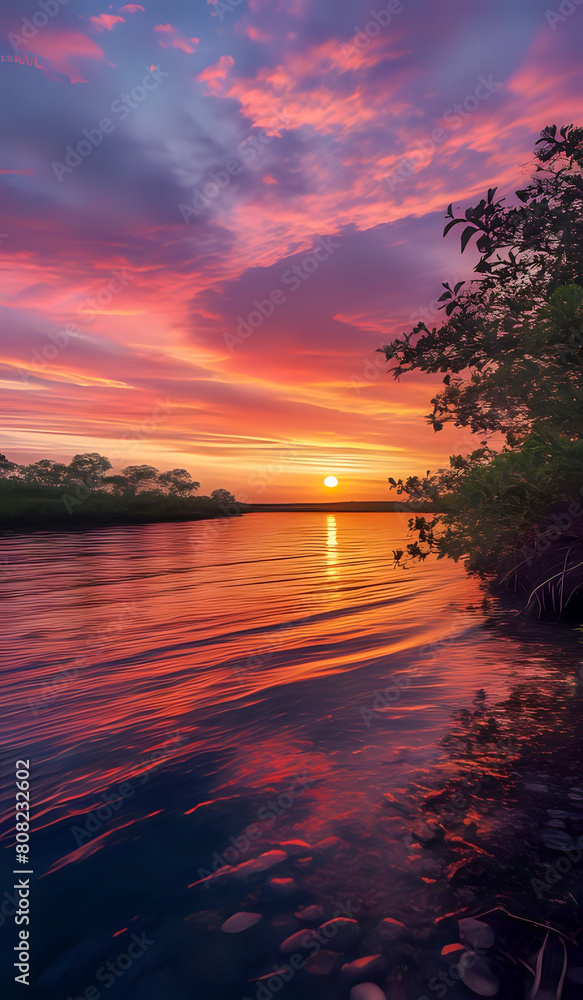 sunset over the river with mangrove trees