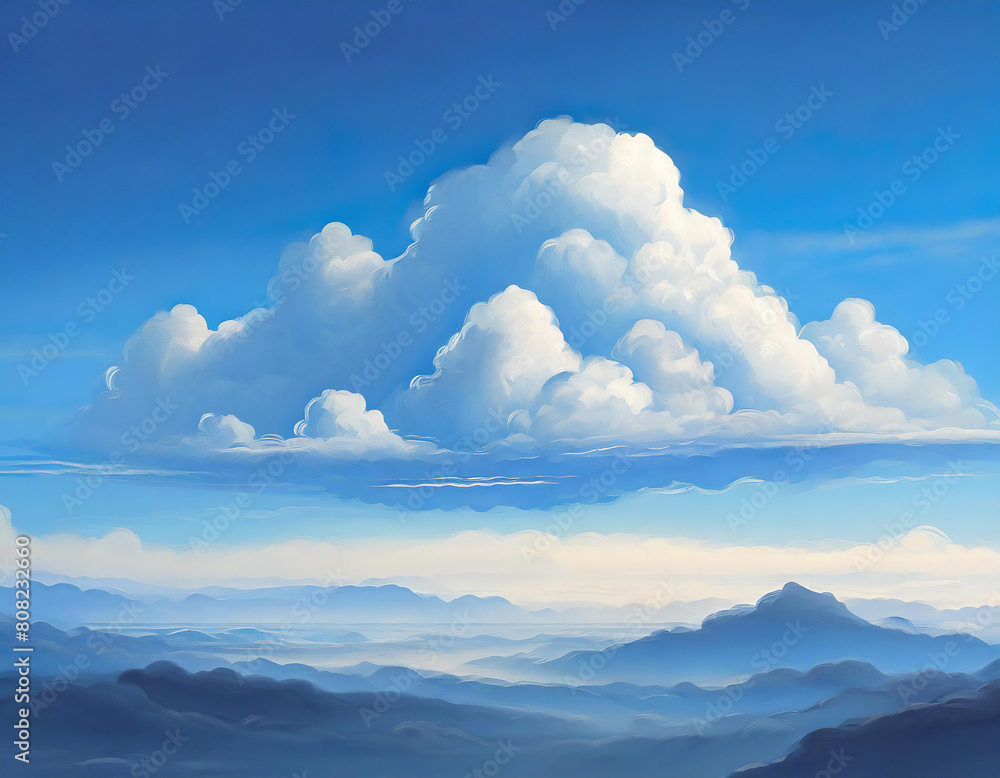 雲の浮かぶ空。山並み。イラスト風。AI生成画像。