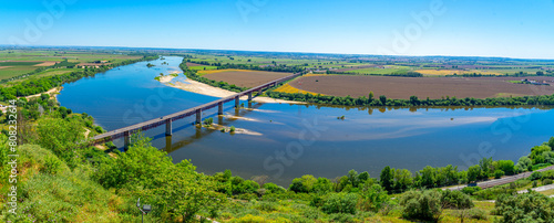 panoramic view of the Tagus River and the D.Luis I bridge from the Jardim das Portas do Sol in the Portuguese city of Santarem-Portugal.5-5-2024