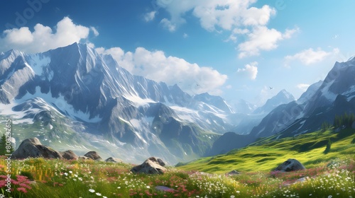 Panoramic view of alpine meadow with flowers and mountains in background