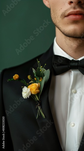 A man in a tuxedo showcasing a stylish boutonniere on his lapel