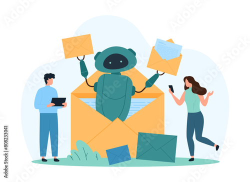 Mailbox management using AI, antispam filter. Tiny people send and receive email messages and SMS, robot from open paper envelope giving letters to users of mail mobile app cartoon vector illustration © Iconic Prototype