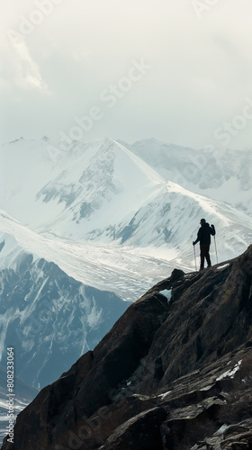 A man stands on the peak of a snow-covered mountain, surrounded by a vast winter landscape. © MYDAYcontent
