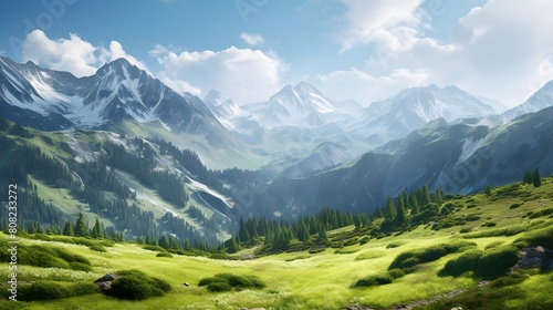 Panoramic view of beautiful alpine meadows in the mountains