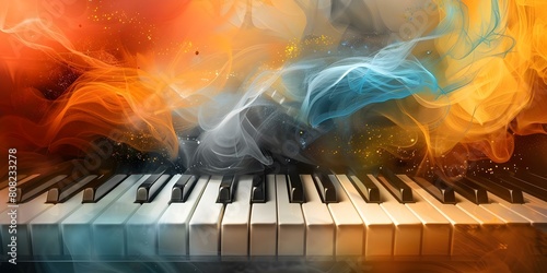Vibrant Piano Keyboard Background for World Music Day Event Featuring Instruments. Concept World Music Day, Piano Keyboard Background, Instrumental Showcase, Vibrant Theme photo