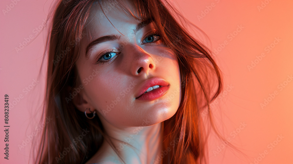 Young woman's emotional face on a simple background. An amazing portrait of youthfulness and elegance. Young woman's emotional face on a simple background. An amazing portrait of youthfulness and elegance.