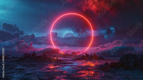 Abstract futuristic fantasy desert landscape, fiery circle, neon circle. Gloomy clouds, clouds, light circle. Sci-fi landscape of an alien planet. Unreal world. 3D illustration. © vannet