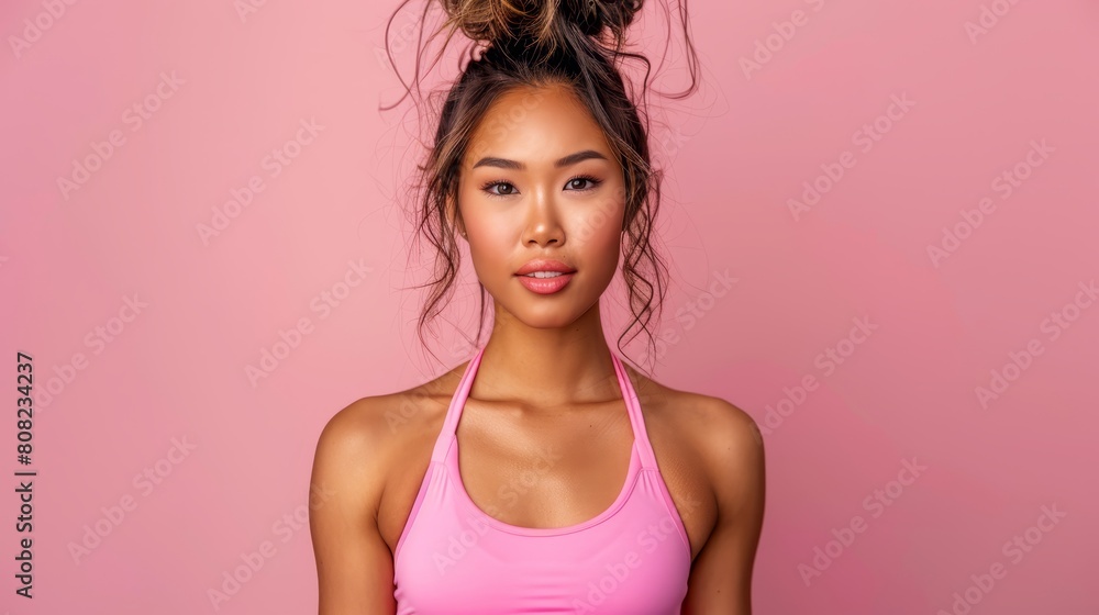A woman in a pink tank top with disheveled top knot stands before a pink backdrop A woman in a pink tank top with disheveled top knot stands before a pink backdrop
