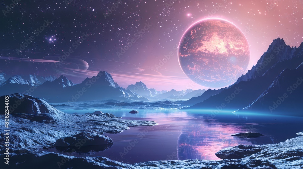 Futuristic fantasy landscape, sci-fi landscape with planet, neon light, cold planet. 3d illustration.