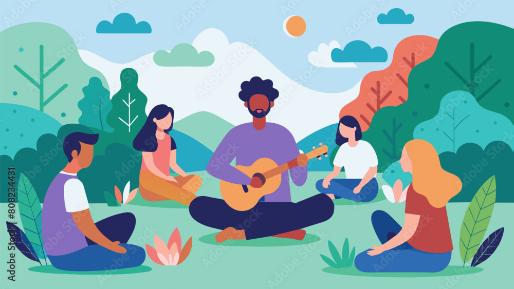 A group of individuals with anxiety and depression gather in a peaceful garden surrounded by nature and soothing melodies from a guitar played by. Vector illustration A group of individuals with anxiety and depression gather in a peaceful garden surrounded by nature and soothing melodies from a guitar played by. Vector illustration