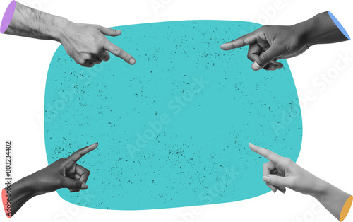 Contemporary art collage. Men's and women's hands pointing finger at blank copy-space