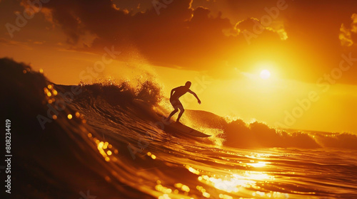 A surfer riding a wave under a golden sunset. photo
