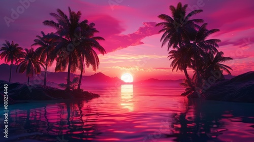 Futuristic neon landscape with palm trees at sunset.