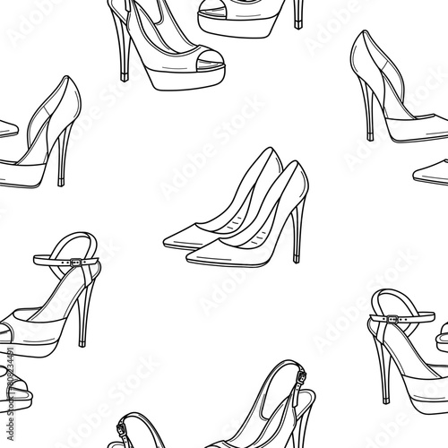 Collection of women's shoes, high heel shoes, line illustrations, vector seamless pattern background