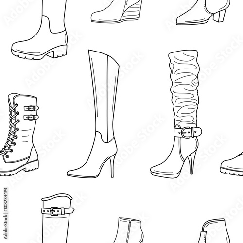 Collection of women's shoes, female boots line illustrations, vector seamless pattern background