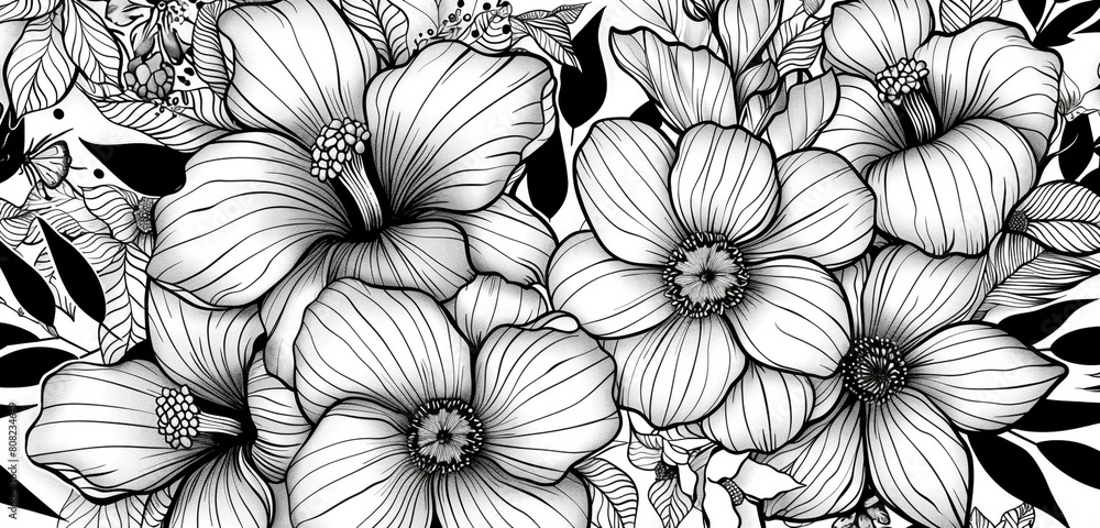 Fototapeta premium Cosmic elements featured in a hand-drawn black and white seamless doodle pattern.