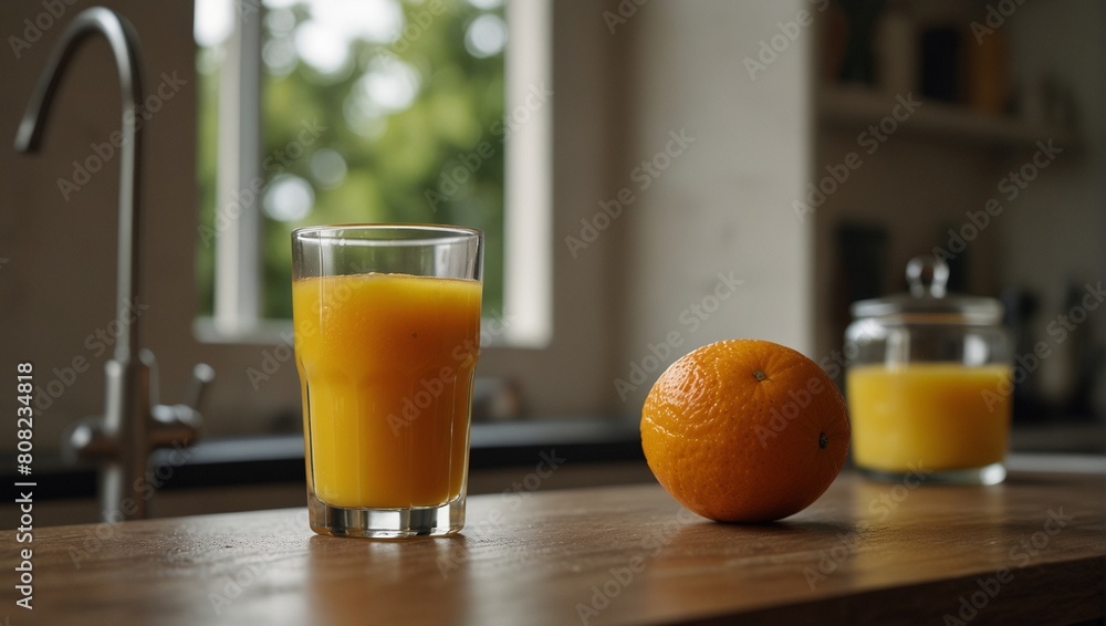 Craft an image of a glass of orange juice placed on a kitchen countertop as part of a morning routine. Pay attention to the ultra-realistic details of the kitchen environment-Ai Generative Craft an image of a glass of orange juice placed on a kitchen countertop as part of a morning routine. Pay attention to the ultra-realistic details of the kitchen environment-Ai Generative