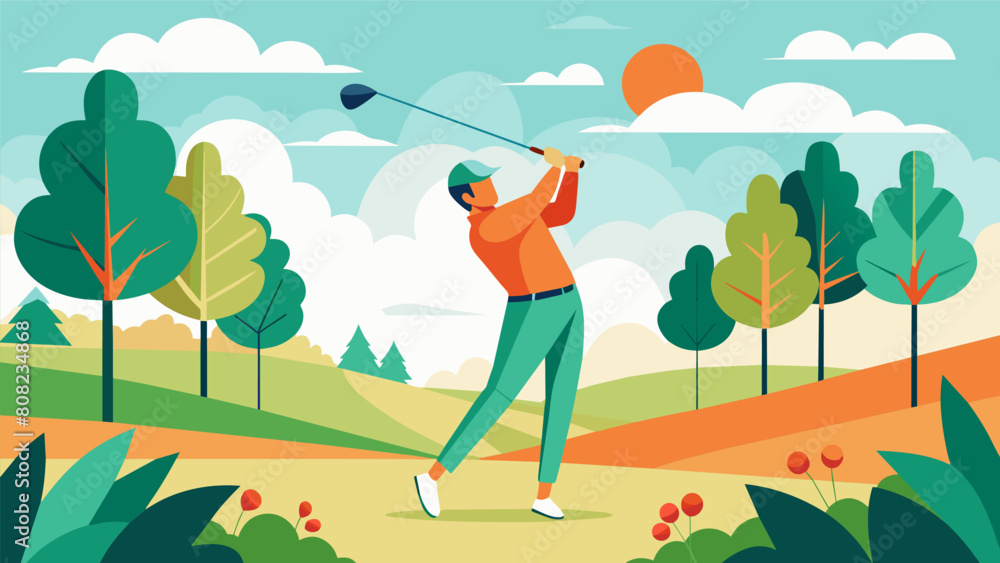 Nature seems to be in harmony with the golfers swing the trees whispering in approval as the ball glides through the air on a crisp clear day.. Vector illustration Nature seems to be in harmony with the golfers swing the trees whispering in approval as the ball glides through the air on a crisp clear day.. Vector illustration