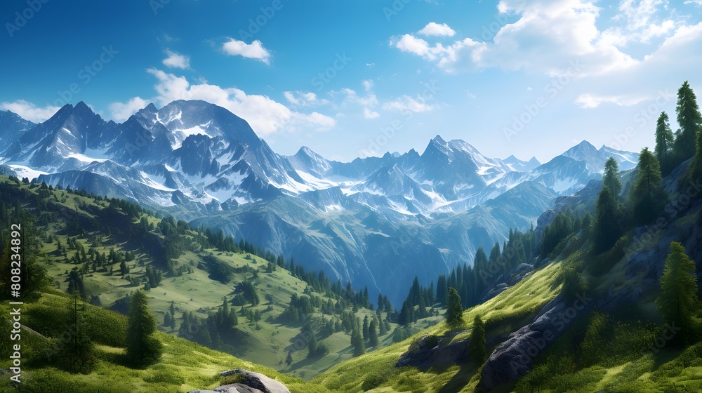 Panoramic view of the mountains. Beautiful summer landscape in the mountains.