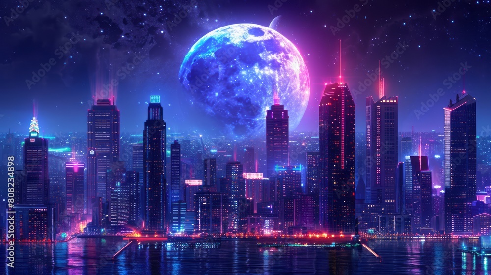 Fototapeta premium Night neon city with skyscrapers, view from the balcony, big moon, neon.