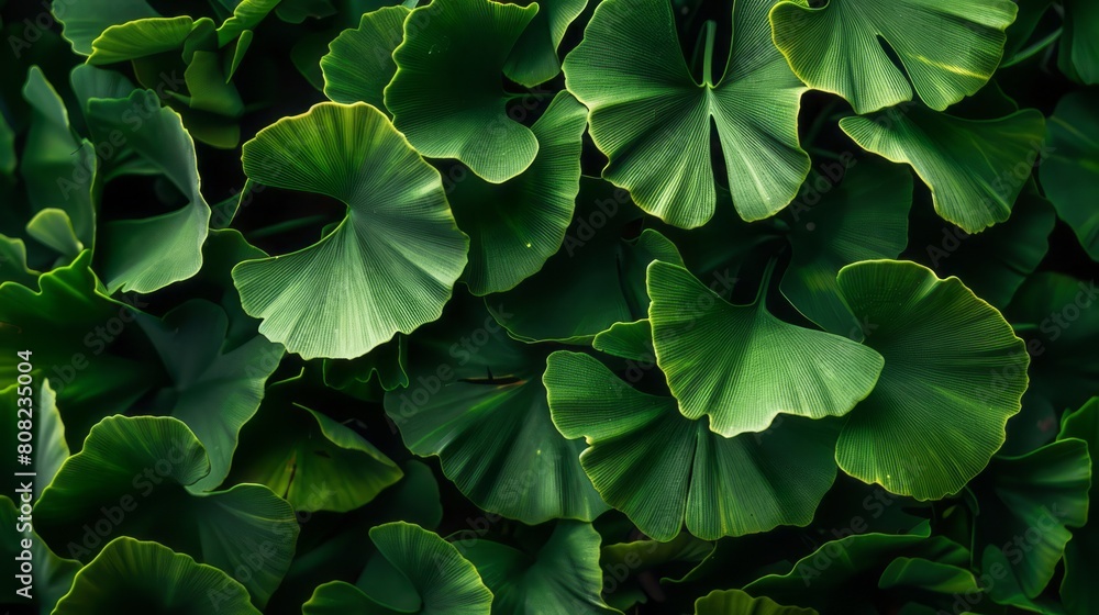 Fototapeta premium This close-up shot showcases the vibrant green leaves of a Ginkgo Biloba tree, known for its medicinal properties and association with healthy nutrition. The intricate details of the leaves are