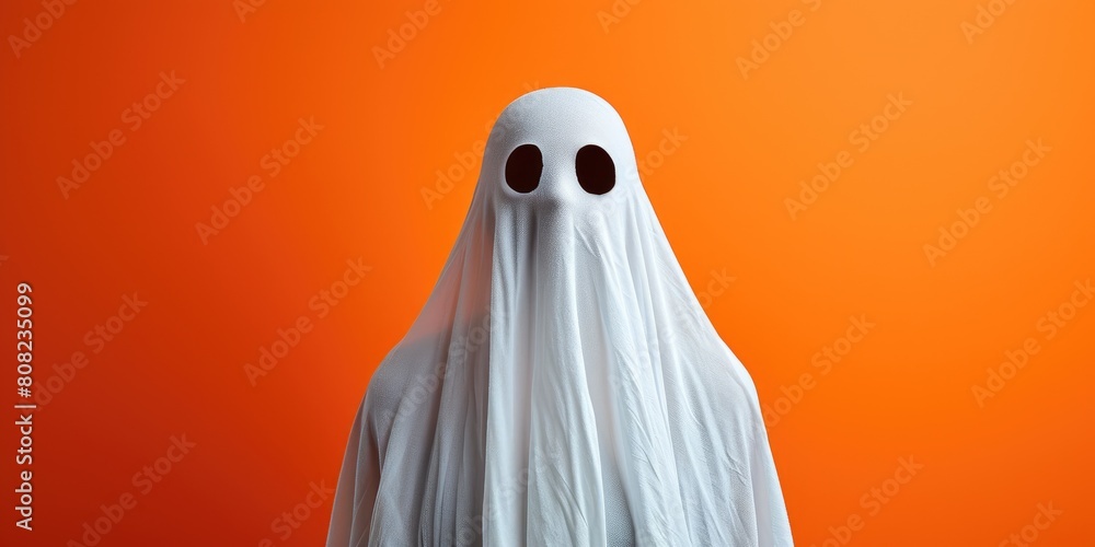 Spooky Specter: Ghost Costume on Orange Background Spooky Specter: Ghost Costume on Orange Background