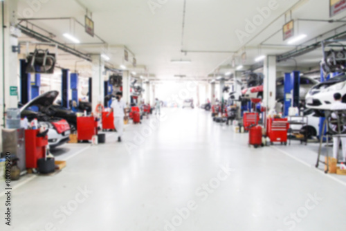 Blurry Line of body Car with the equipment repair station in the garage shop. fix maintenance or checking by mechanic workshop. Business about of car or vehicle concept. © setthawuth