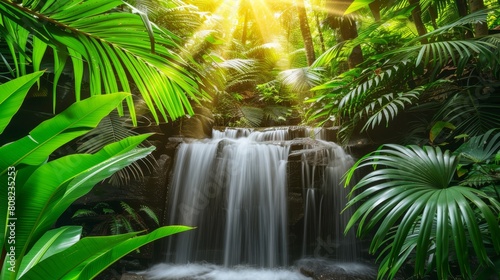   A waterfall nestled in a jungle  teeming with numerous green plants  under a radiant sun filtering through foliage