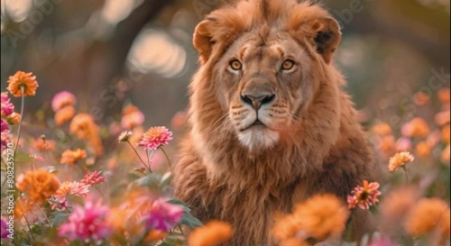 a lion in a flower garden footage photo