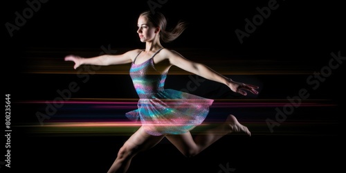A young female dancer is captured mid-leap in front of a black background. She is wearing a colorful dress with light trails following her movements. AIG51A.