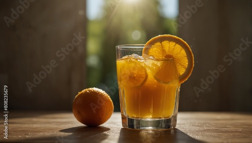 Craft an ultra-realistic image of a glass of freshly squeezed orange juice on a breakfast table bathed in sunlight. Capture the condensation on the glass, the vibrant color of the juice,-Ai Generative © Sbahat