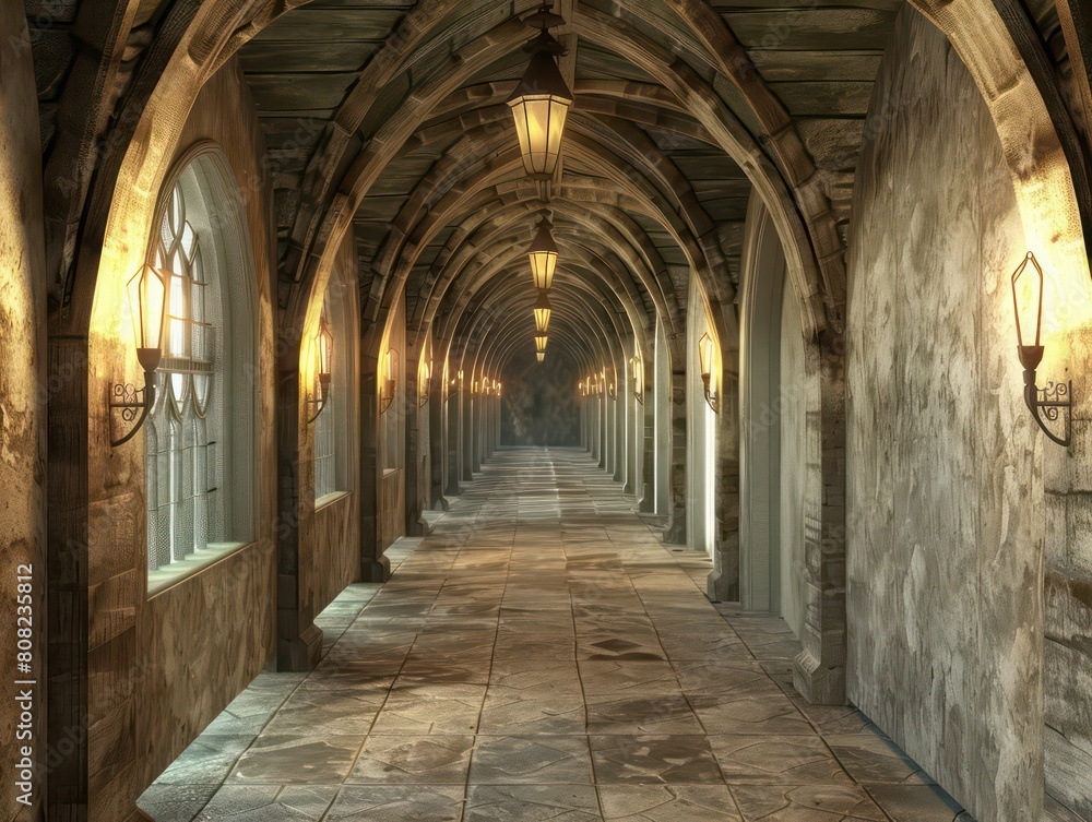 3d corridor inside a medieval castle