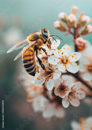 Honey bee hovering on blooming flower. Insect. Bloom. Bee. Honeybee. Nature. Close-up.