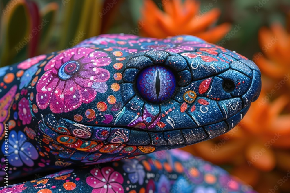 Cosmic Serpent: Vibrant Sugar Skull Design on Black Snake