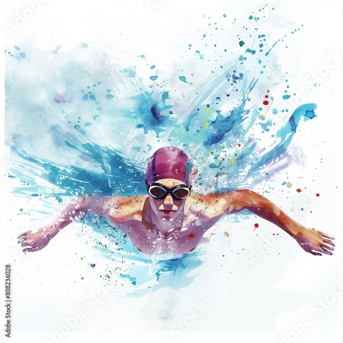 Watercolor sport illustration of swimming with colorful splashes. Swimmer man © alstanova@gmail.com