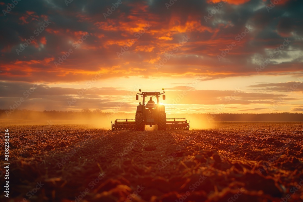Fototapeta premium Golden Hour Harvest: Tractor Commanding the Field