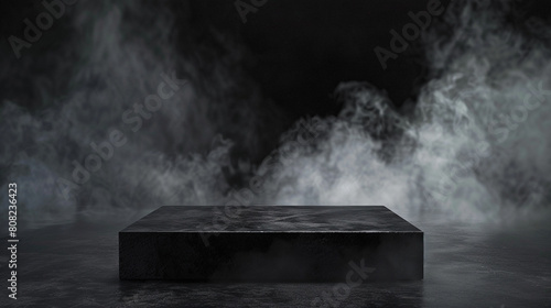 Jet black textured concrete podium surrounded by dense fog in a dark setting.