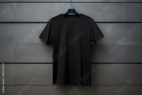 blank navy blue tshirt on plain concrete wall background mockup from Generative AI
