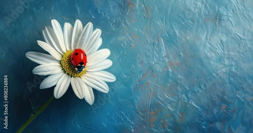 A ladybug on a daisy flower on textured blue background. Generative AI.