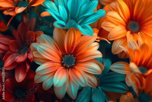 A close up of orange and blue flowers. Generative AI.